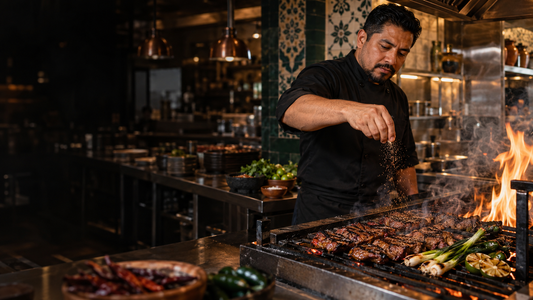 Restaurant cook measuring seasoning for meat preparation