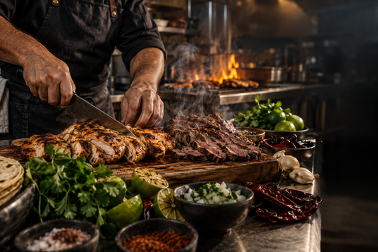 Chicken seasoning preparation in a Mexican restaurant kitchen